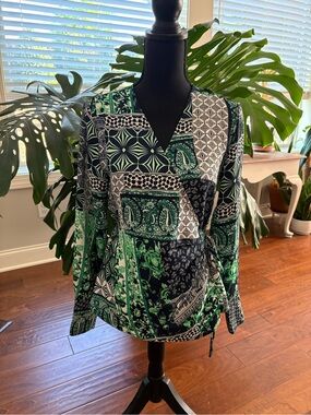 LOFT Navy & Green Patchwork Wrap-Style Blouse